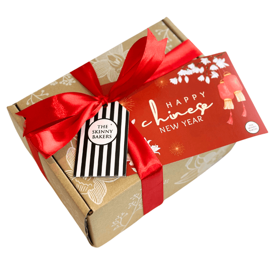 Kraft Box with CNY 2025 (Greeting Card, Red Ribbon + Red Fillers) - The Skinny Bakers,