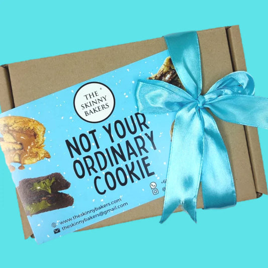 Kraft Box with Blue Ribbon + "Not Your Ordinary Cookie" card