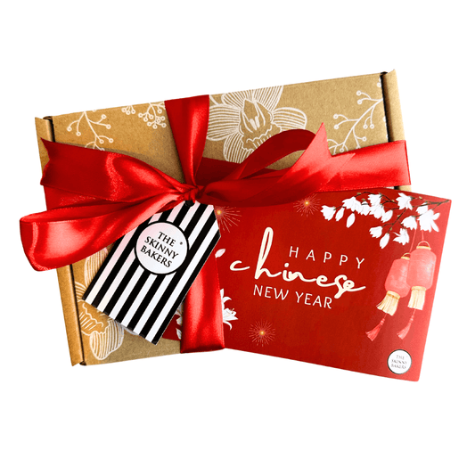 Kraft Box with CNY 2025 (Greeting Card, Red Ribbon + Red Fillers) - The Skinny Bakers, 
