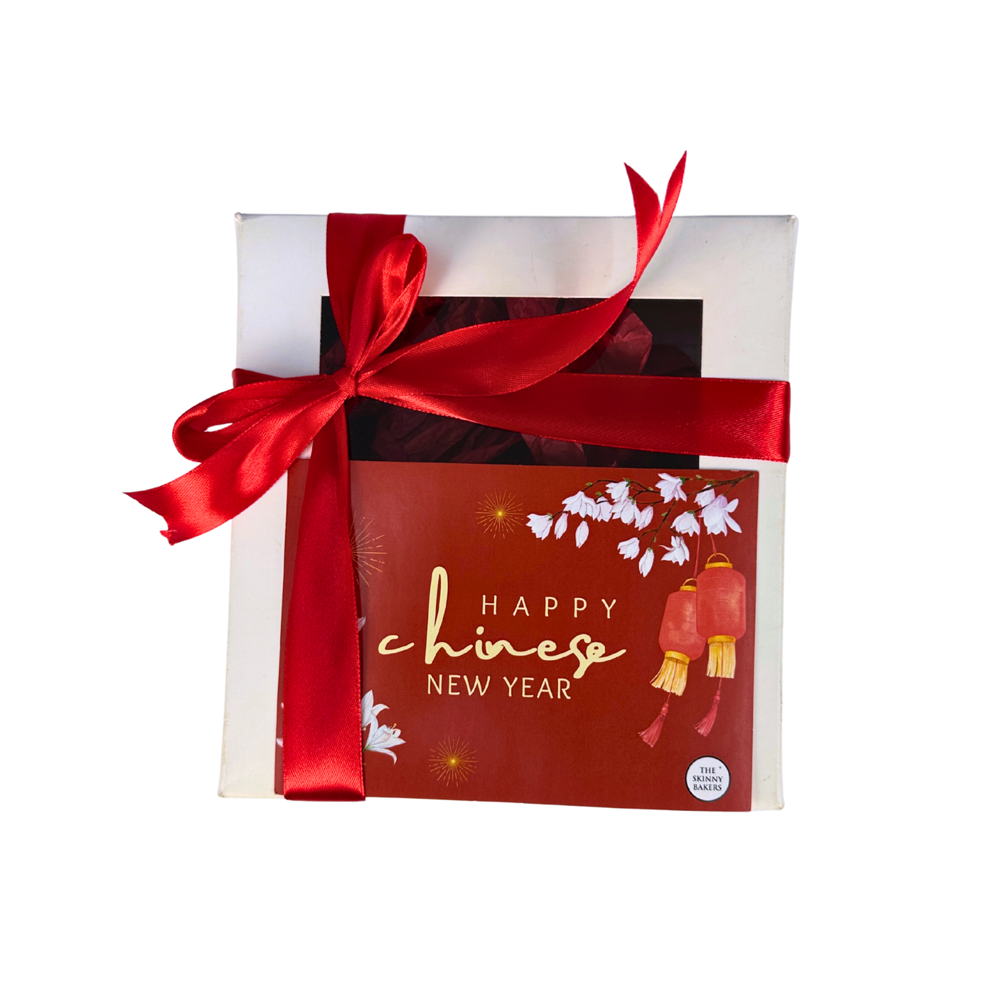 White Box with Window + RED Ribbon & Fillers + CNY Card