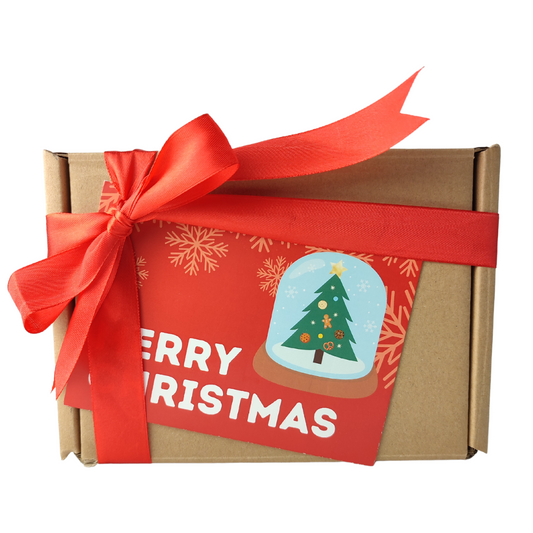 Christmas Kraft Box with Card and Red Ribbon +Fillers